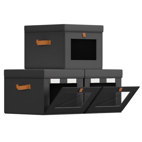 Storage Bins with Lid – Closet Organizer with Side Opening and Clear Window, Foldable Stackable Fabric Basket for Clothes, Home, Office - 13.77" x 11.8" x 9.8", 3 Pack, Black - color: Black, size: 13.7 Inch-3 Pack