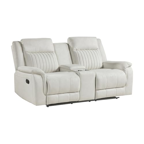 Lexicon 75" W Manual Double Reclining Loveseat with Center Console, Beige | Polished Microfiber Manual Wall Hugger Loveseat Recliner, Cup Holders, for Living Room, Tool Free Assembly - color: Beige, size: Reclining Loveseat