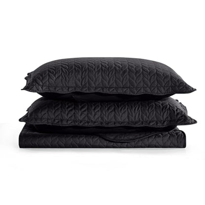 MOONLIGHT20015 Twin Quilt Set (66" x 86") with 1 Pillow Sham (20" x 26"+2") for Summer - 2 Pcs Reversible Bedding Set Lightweight Microfiber Coverlet Embossed Pattern Quilted Bedspread (Black) - color: Black, size: Twin