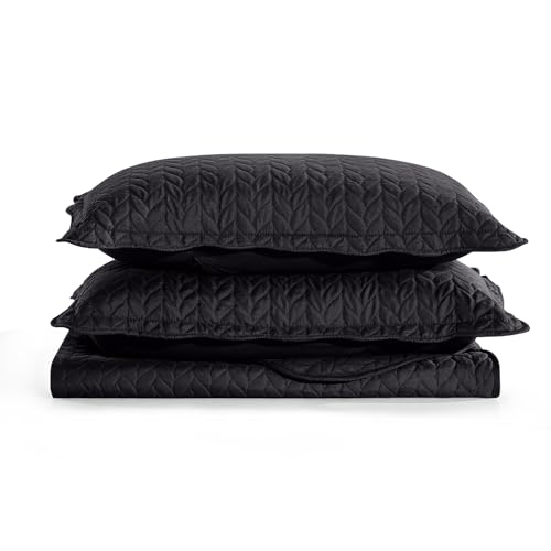 MOONLIGHT20015 Quilt Queen Size (90" x 96") with 2 Pillow Shams (20" x 26"+2") for Summer - 3 Pcs Lightweight Bedding Set Reversible Coverlet Embossed Quilted Bedspread (Black) - color: Black, size: Full/Queen
