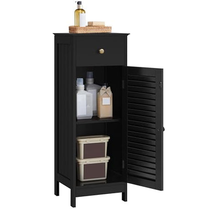 Yaheetech Small Bathroom Storage Cabinet with Drawer & Louvered Door, Black | Slim Free Standing Floor Cabinet Organizer by a Pedestal Sink or Toilet, Hides Tissue and Towels, Shelf inside, MDF Build