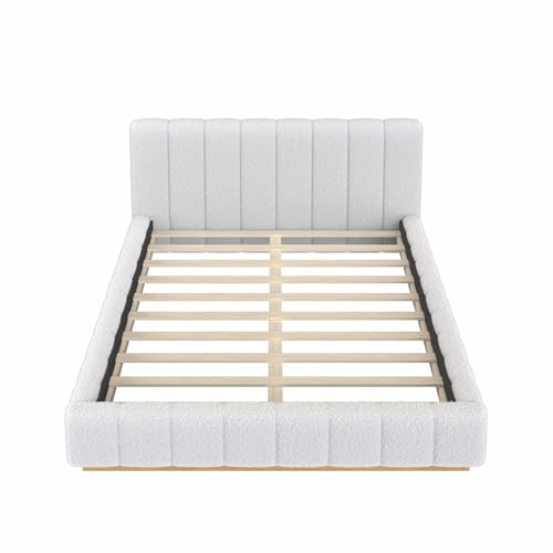Majnesvon Queen Size Upholstered Bed Frame, Soft Boucle Bed Frame with Headboard, Low Profile White Platform Bed with Wood Base - size: Queen (U.S. Standard)