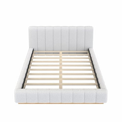 Majnesvon Queen Size Upholstered Bed Frame, Soft Boucle Bed Frame with Headboard, Low Profile White Platform Bed with Wood Base - size: Queen (U.S. Standard)