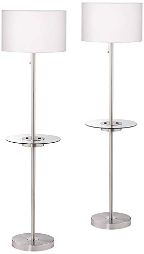 360 Lighting Caper 60 1/2" Tall Tray Table USB Floor Lamps Set of 2 | Modern 5 with and AC Power Outlet Brushed Nickel White Fabric Drum Shades Living Room Reading House Bedroom - color: Silver