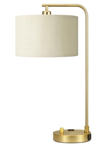 Innqoo Gold Table Lamp with Weaving lampshade, Table Lamp for Bedroom with USB Port and Outlet, Dimmable Nightstand Bedside Lamps with Linen Lampshade, Desk Lamp for Home Office, Living Room - color: I-Weaving Shade & Gold Base