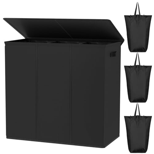 WOWLIVE 180L Laundry Hamper 3 Section, Large Laundry Basket with Lid | Dirty Clothes Hampers with Removable Bags and Handles, Collapsible Laundry Basket Organizer for Dorm Room, College, Black - color: Black, size: 180l (31.5"L x 12.5"W x 28"H)