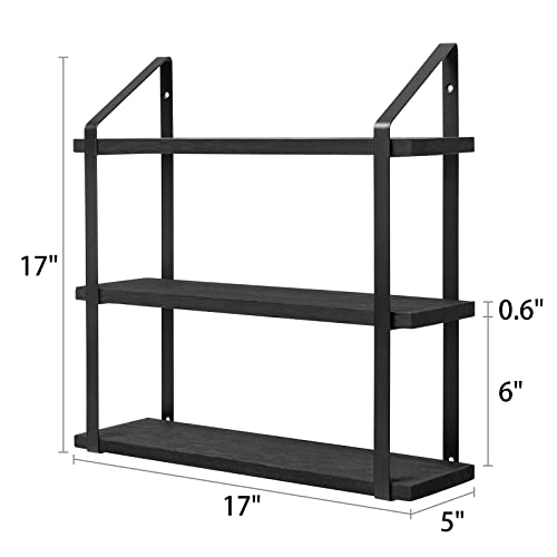 Mkono Floating Wall Shelves 3 Tier Rustic Hanging Shelf with Metal Bracket Wall Mount Wood Storage Display Shelves for Living Room Bathroom Bedroom Kitchen Office,Black | Bathroom Storage, Clutter-Free, Easy Install, Rustic Decor, Over Toilet Organizer, F