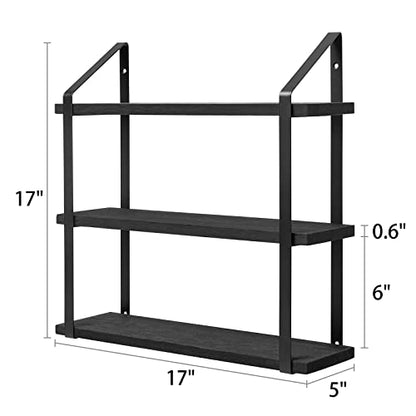 Mkono Floating Wall Shelves 3 Tier Rustic Hanging Shelf with Metal Bracket Wall Mount Wood Storage Display Shelves for Living Room Bathroom Bedroom Kitchen Office,Black | Bathroom Storage, Clutter-Free, Easy Install, Rustic Decor, Over Toilet Organizer, F