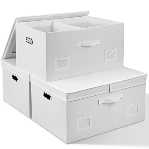 Graciadeco 75 Quarts Extra Large Decorative Storage Bins with Lids, 3 Packs White Collapsible Storage Bins with Lids, Stackable Storage Bins Decorative Box Storage With Lid Extra Large | 75 Quarts 3 Pack White Collapsible Stackable Linen Fabric 4 Handles