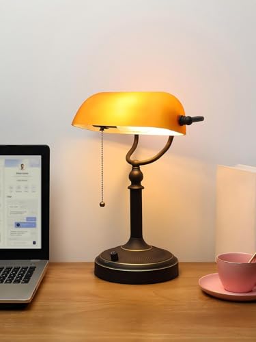 Matted Amber Stepless Dimmable Glass Bankers Desk Lamp | Table Lamp Plug in Fixture for Study Home office Library LED Bulb Included - color: Matted Amber