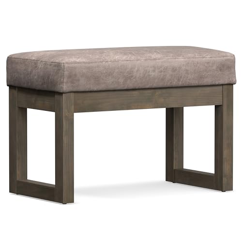 SIMPLIHOME Milltown 27" Wide Tweed Rectangle Ottoman in Ebony | Distressed grey taupe, contemporary ottoman with a cushioned seat for bedroom seating; footstool, footrest or bench. - color: Distressed Grey Taupe, style: Small Ottoman Bench