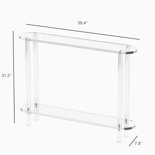 Acrylic Console Table 7.8" D x 39.4" W x 31.2" H, Narrow Console Table, Skinny Entryway Table for Sofa, Foyer, Hallway, Living Room, Modern, 2-Tier, Clear