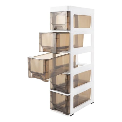 5 Drawers Storage Cabinet, Bathroom Narrow Slim Tower with Drawer & Wheels, Freestanding PP Organizer for Small Spaces, Vertical Storage for Toiletries Towels, White