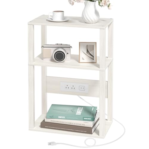 YUFAM 3-Tier Narrow Bedside Table with Charging Station, Skinny Nightstand | Thin Side Table for Small Spaces, Slim End Table with USB & Outlets, Easy Assembly for Couch, Living Room, Bedroom,Grey White - color: Grey White, size: 1 Pack
