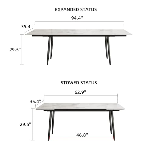 62.9"–94.4" Modern White Extendable Dining Table for 6–10 People | Scratch & Heat Resistant Sintered Stone Tabletop Kitchen Table, Stainless Steel Leg Design for Dining Room & Outdoor Patio - color: White 62.9” of 94.4”