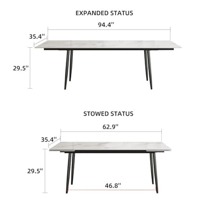 62.9"–94.4" Modern White Extendable Dining Table for 6–10 People | Scratch & Heat Resistant Sintered Stone Tabletop Kitchen Table, Stainless Steel Leg Design for Dining Room & Outdoor Patio - color: White 62.9” of 94.4”