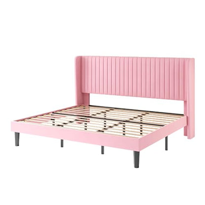 SHA CERLIN King Size Velvet Bed Frame, Tufted Wingback Headboard, Pink | 47'' Modern Vertical Channel Headboard, Upholstered Platform Bed, Wood Slats, No Box Spring Needed, Easy Assembly, Noise Free - color: Pink, size: King