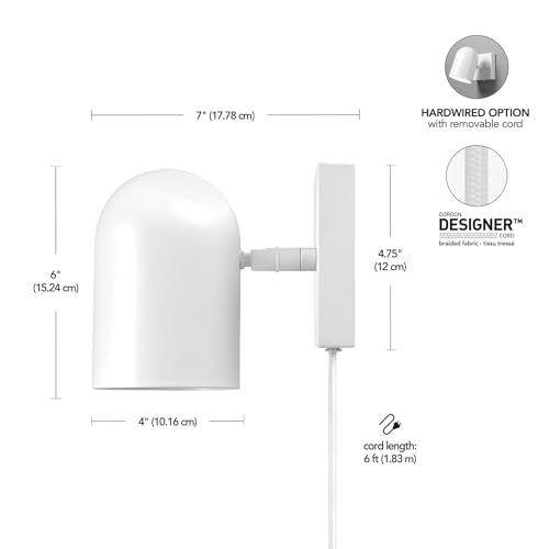 Globe Electric 1-Light Matte White Plug-in or Hardwire Wall Sconce | 6 ft braided cord, inline rocker switch, requires 1 E12 60W bulb (sold separately), 7x4.75x6 in, 65000146