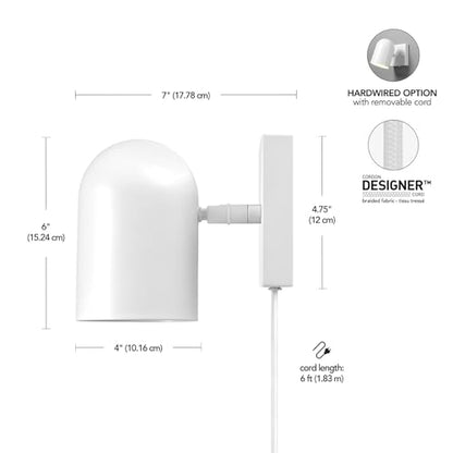 Globe Electric 1-Light Matte White Plug-in or Hardwire Wall Sconce | 6 ft braided cord, inline rocker switch, requires 1 E12 60W bulb (sold separately), 7x4.75x6 in, 65000146