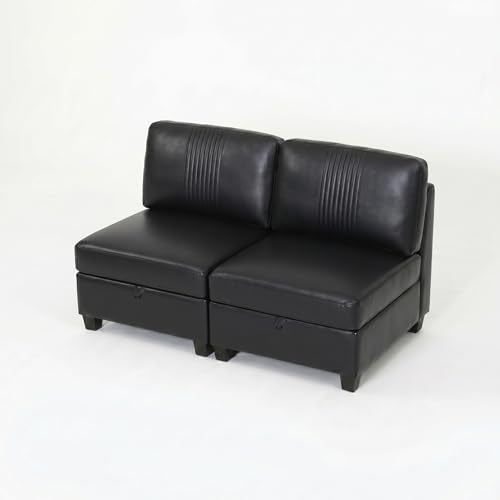 Modern 2 Seaters Modular Sofa with Storage & Sleeper Function, Comfy PU Loveseat Couches for Small Spaces - color: Black