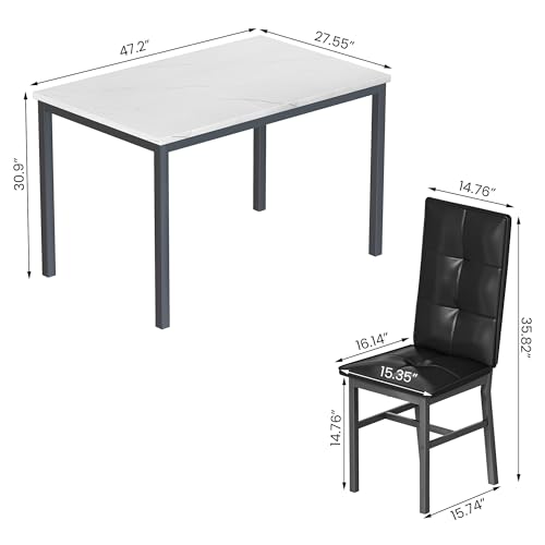 Hooseng Dining Table Set for 4, Faux Marble Small Kitchen Table with 4 PU Leather Chairs, Modern 5 Piece Dinner Table Set for Dining Room, Breakfast Nook, Samll Space, White & Black - color: White