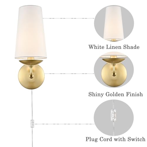 Moose Gold Wall Sconces Set of Two Linen Shade Plug in Wall Lamp | Modern Brass Wall Lighting with Fabric Shade for Bedroom, Living Room, Dining Room, Entryway - color: Gold, size: 2-Pack | 1-Light