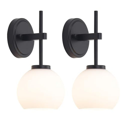 Black Wireless Rechargeable Wall Sconces with Remote Control, Battery Operated Wall Sconce Set of 2, LED Dimmable Wall Lights with Opal White Glass Shade, 12 Colors RGB & 3 CCT Bulb - color: Matte Black & Opal Glass, size: Battery 12 Inch