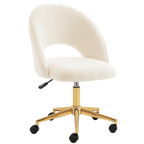 Furnimart Swivel Rolling Desk Chair, Adjustable Faux Fur Vanity Chair with Gold Legs, Cute Task Chair with Wheels for Living Room Bedroom Studying Small Places (Faux Fur White) - color: Faux Fur-white