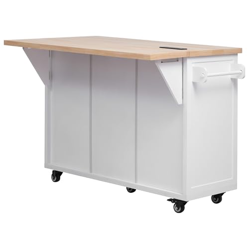 56.5'' Kitchen Island with Drop Leaf, Power Outlet, Embossed Vertical Stripe Rolling Kitchen Cart on Wheels with Deep Drawers and Adjustable Shelves (White/D) - color: White/D)