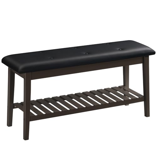 HOOBRO Dining Bench, Bamboo Dining Room Bench, 2-Tier Entryway Bench with PU Leather Upholstered Seat, Kitchen Bench for Living Room, Hallway, Entryway, Bedroom, Kitchen, Brown and Black CB70HX01