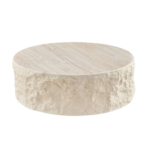 RoundCoffee Table, Modern Drum Design, Circle Fiberglass Coffee Table, End Table for Living Room, Apartment, No Assembly Required (35.43'' Cement Stone Pattern) - color: 35.43'' Cement Stone Pattern