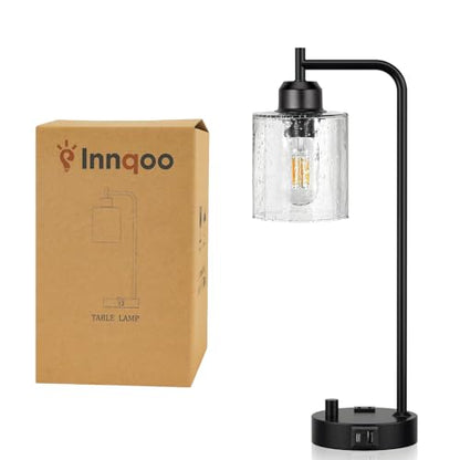 Industrial Desk Lamp, Fully Dimmable Small Bedside Table Lamp, Black, USB C | Glass Shade, USB C+A Charging Port & Outlet, Lamps for Bedroom, Night Stand, Home Office, Living Room - color: Clear Seeded