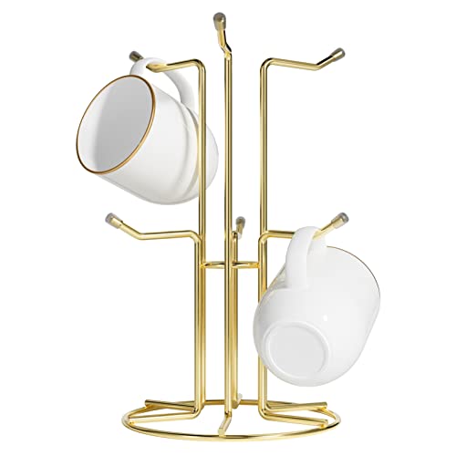 HULISEN Mug Tree for Large Cups, 6 Hook Countertop Coffee Mug Holder, Gold | Cup Rack for Counter, Stable Wide Base, Metal Stand for Kitchen Coffee Bar Display, Space-Saving, No Assembly Required - color: Gold