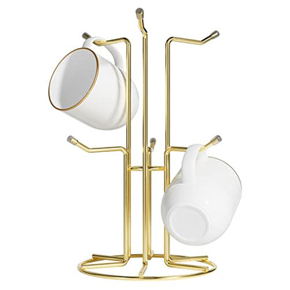 HULISEN Mug Tree for Large Cups, 6 Hook Countertop Coffee Mug Holder, Gold | Cup Rack for Counter, Stable Wide Base, Metal Stand for Kitchen Coffee Bar Display, Space-Saving, No Assembly Required - color: Gold