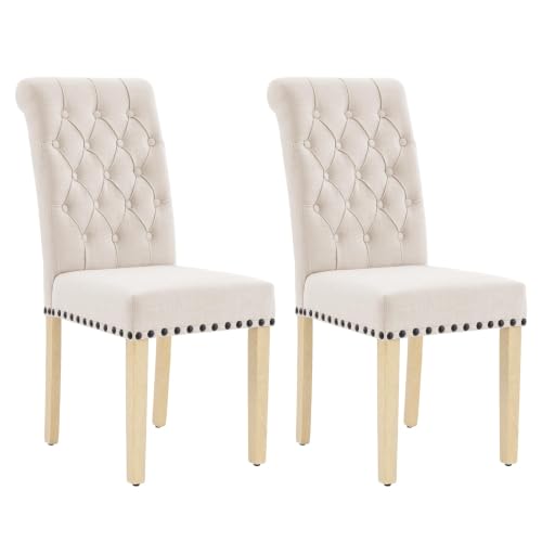 adochr Dining Chairs Set of 2, Linen Armless Parsons Chairs,Beige | Wooden Legs&Tufted Buttons, Upholstered Dining Room Chair for Kitchen/Dining/Living Room - color: Beige, size: 2PCS