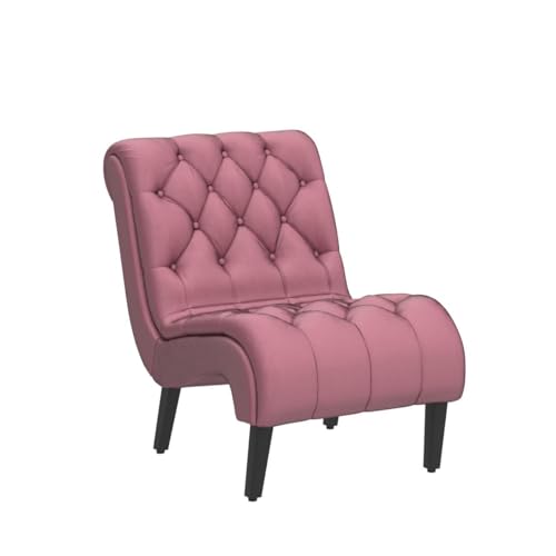 Comfy Velvet Accent Chair, Tufted Armless Side Chair with Rolled Edge | Modern Small Lounger for Living Room, Upholstered Reading Chaise Lounge with Solid Rubber Wood Legs, Pink - color: Pink, size: Set of 1