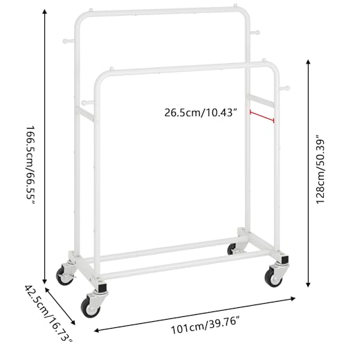 Laiensia Double Rods Garment Rack with Wheels, Clothing Rack for Hanging Clothes,4 Hooks, Multi-functional Bedroom Clothes Rack, White - color: White