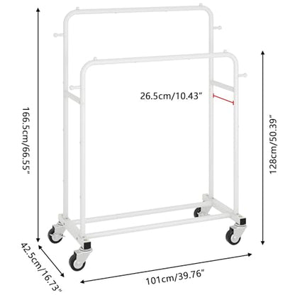 Laiensia Double Rods Garment Rack with Wheels, Clothing Rack for Hanging Clothes,4 Hooks, Multi-functional Bedroom Clothes Rack, White - color: White