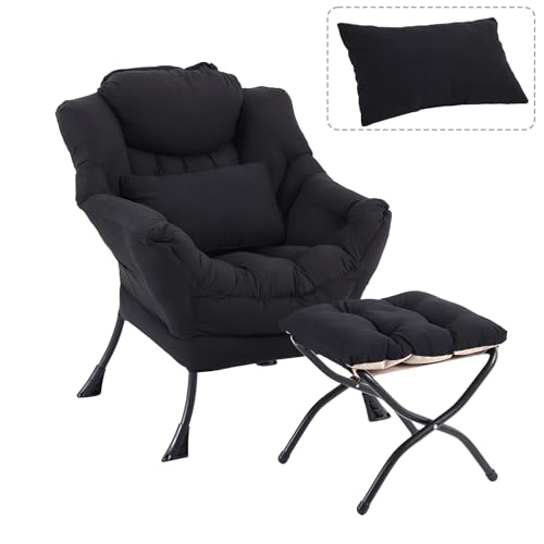 Lazy Chair with Ottoman, Reading Chair with Lumbar Pillow， Black | Comfy Accent Lounge Chair with Pillow & folding Foot Stool, sturdy metal frame for bedroom, dorm or apartment, Living Room - color: Black