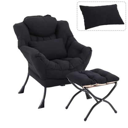 Lazy Chair with Ottoman, Reading Chair with Lumbar Pillow， Black | Comfy Accent Lounge Chair with Pillow & folding Foot Stool, sturdy metal frame for bedroom, dorm or apartment, Living Room - color: Black