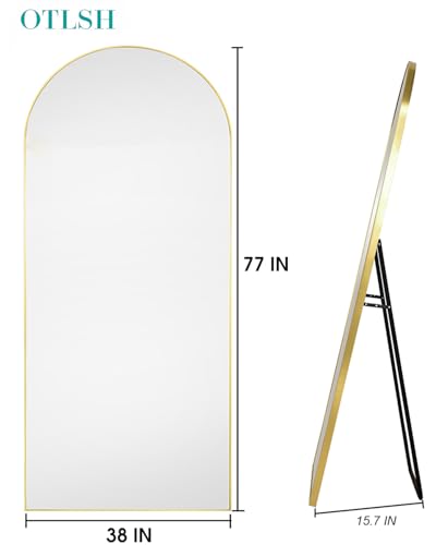 77" x 38" Arched Floor Mirror, Gold Aluminum Frame, Standing/Leaning or Wall Mount, Modern Home Decor - color: Gold, size: 77"L x 38"W