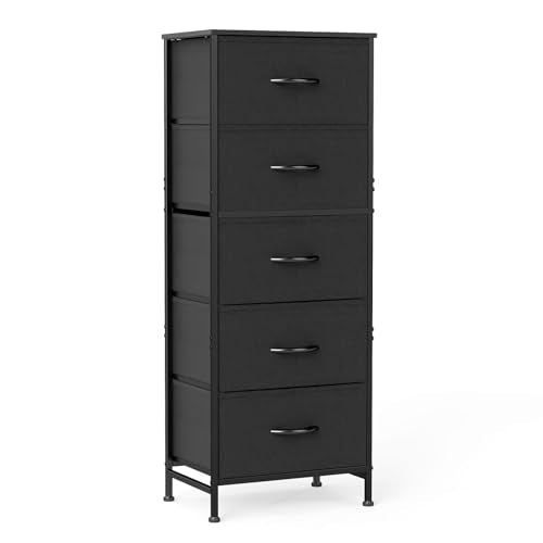 DUMOS Nightstand with 5 Drawers, Bedside Table with Removable Fabric Bins, Sturdy Steel Frame Wood Top Skinny Dresser for Bedroom Closet Living Room, Black - color: Black, size: 15.7"D x 11.8"W x 47.7"H (5 Drawers)