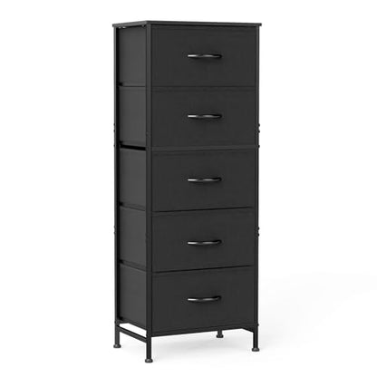 DUMOS Nightstand with 5 Drawers, Bedside Table with Removable Fabric Bins, Sturdy Steel Frame Wood Top Skinny Dresser for Bedroom Closet Living Room, Black - color: Black, size: 15.7"D x 11.8"W x 47.7"H (5 Drawers)