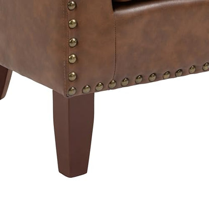 Faux Leather Accent Chair, Modern Barrel Club Chair, Brown | Comfy Upholstered Armchair for Living Room, Round Club Chair Single Sofa Bedroom Reading Seat | 26"D*29"W*29"H - color: Brown