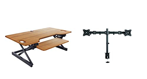 Rocelco 46" Large Height Adjustable Standing Desk Converter with Double Monitor Mount BUNDLE - Sit Stand Up Computer Workstation Riser - Retractable Keyboard Tray - Teak Wood Grain (R DADRT-46-DM2) - color: Teak/Black, size: 46", style: Riser+Dual Mount