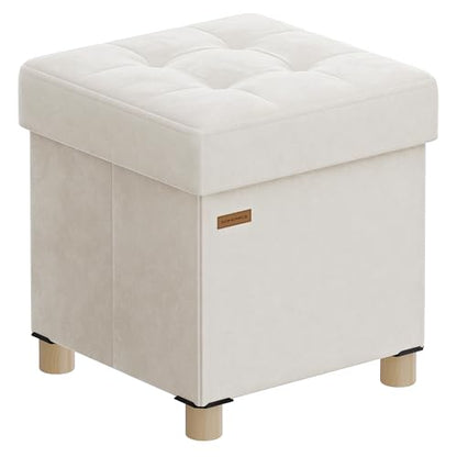 SONGMICS Small Storage Ottoman, Folding Ottoman Cube, 15 x 15 x 15.7 Inches, Footstool, Footrest, 10 Gal. (37 L), Velvet Surface, for Bedroom, Living Room, Dorm, Cappuccino Beige ULSF0516W02 - color: Cream White