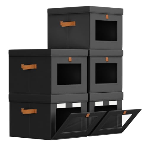 Storage Bins with Lid – Closet Organizer with Side Opening and Clear Window, Foldable Stackable Fabric Basket for Clothes, Home, Office - 13.77" x 11.8" x 9.8", 5 Pack, Black - color: Black, size: 13.7 Inch-5 Pack