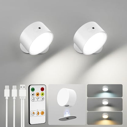 LED Wall Mounted Lights, Rechargeable Wall Sconces, 3 Color Temps, Remote & Touch, 360° Rotating and Dimmable for Bedroom, Bedside & Reading (White, 2 Pack) - color: White