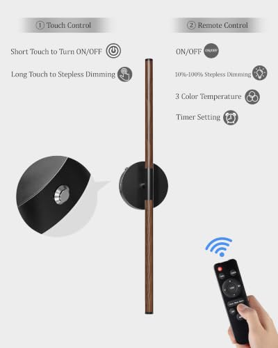 32" Battery Operated Wall Sconce Set of 2, 350° Rotating Lamp, Walnut Black | Wireless, 8000mAh Rechargeable Battery, Stepless Dimming, 3000K-6000K, Remote & Touch Control, Timer, Living Room, Bedroom - color: Walnut Black, size: 32 Inch (2 Pack)
