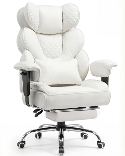 COMHOMA Big and Tall Office Chair with Upgrade Footrest, Heavy Duty Gaming Chair High Back Executive Chair with Spring Lumbar Support for Lower Back Pain Relief, 150°Reclining Adjustable Armrests - color: White